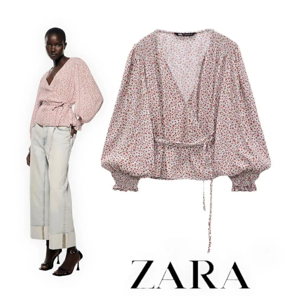 Zara Floral Print Wrap Blouse NWT Sizes S L V Neck Tie Waist Top